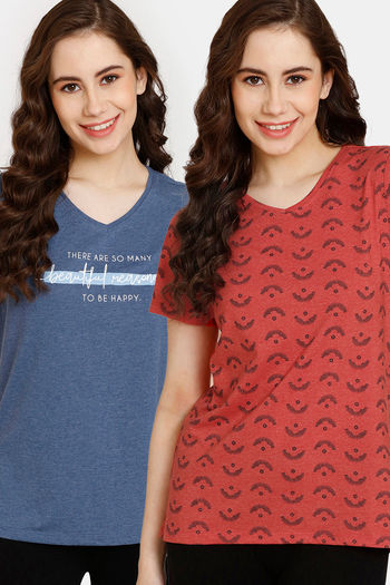 Buy Rosaline Rural Charm Knit Cotton Top (Pack Of 2) - Red Blue